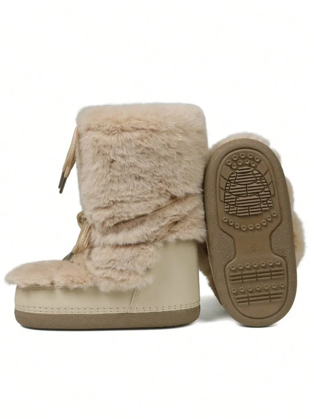 Apricot Cute Women's Lace-Up Fuzzy Fluffy Round Toe Platform Slip On Snow Boots